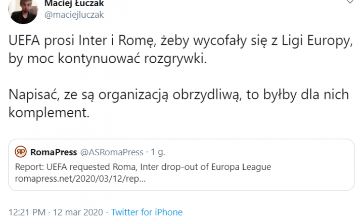 OBRZYDLIWA prośba UEFA do Interu i AS Romy...